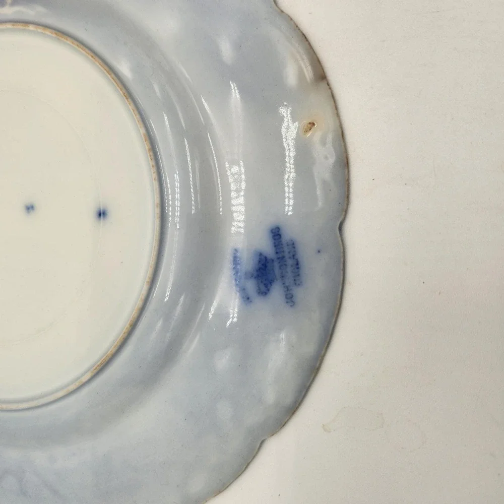 Johnson Bros Normandy Flow Blue Leaf 2 Saucers/1 Plate England Vintage Gold Trim